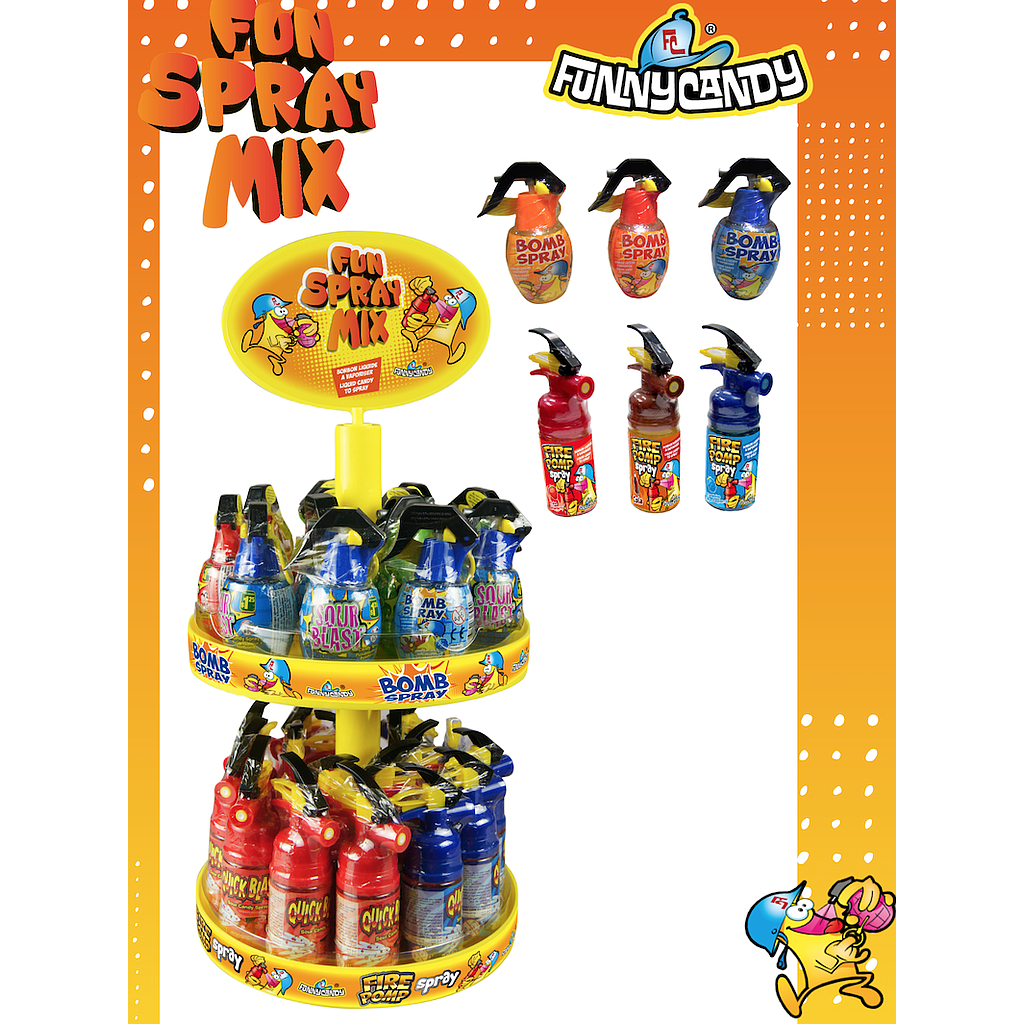 FUNNY CANDY TOWERDISPLAY FUN SPRAY MIX ( BOMB & FIRE POMP SPRAY) 55 ST