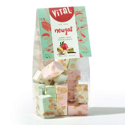[VIT/01004] VITAL NOUGAT AARDBEI/PISTACHE/VANILLE ZAKJE 10 X 150 GR