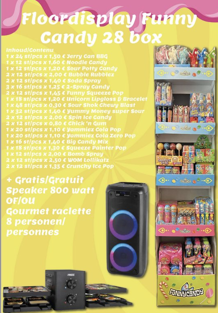 FLOORDISPLAY FUNNY CANDY 28 BOX + GRATIS RACLETTE OF SPEAKER (FOLD 9 '25)