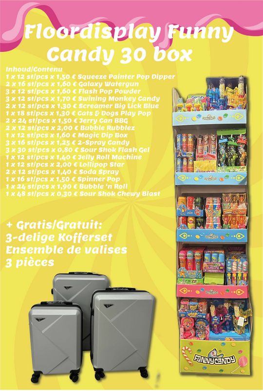 FLOORDISPLAY FUNNY CANDY 30 BOX + GRATIS: 3-DELIGE KOFFERSET (FOLD 3 '25)