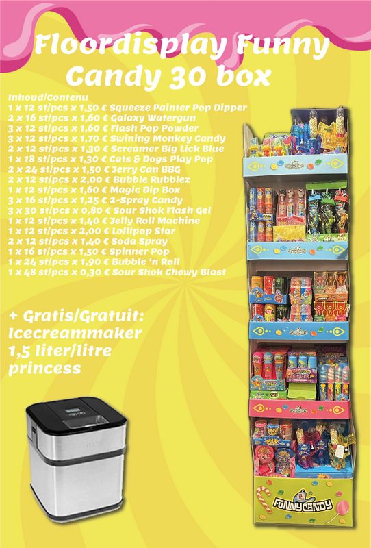 FLOORDISPLAY FUNNY CANDY 30 BOX + GRATIS ICECREAMMAKER 1,5 LITER PRINCESS (FOLD 5 '25)