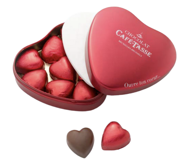 CAFE-TASSE BOITE EN METAL COEURS LAIT PRALINé "OUVRE TON COEUR" 12 X 115GR