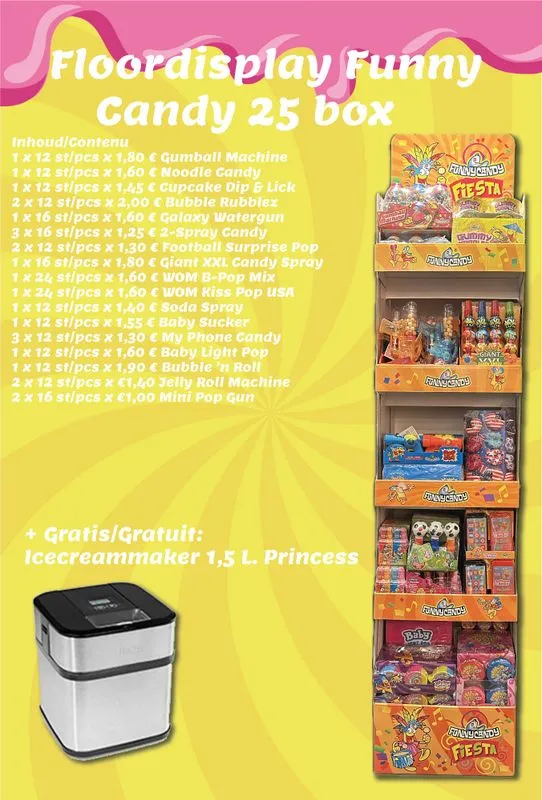 FLOORDISPLAY FUNNY CANDY 25 BOX + GRATIS: PRINCESS IJSMACHINE 1,5L (FOLD 5 '26)