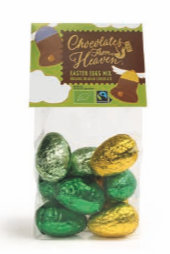 CHOCOLATES FROM HEAVEN ZAKJES EITJES BIO & FAIRTRADE STANIOL ASS PRAL. 12 X 150 GR