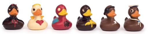 [2120081] DE CHOCOLATERIE FAMILY DUCK MIX (VERPAKT IN MICCA) 7 CM - 9 STUKS X2X55GR