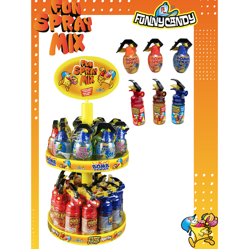 [52056466] FUNNY CANDY TOWERDISPLAY FUN SPRAY MIX ( BOMB & FIRE POMP SPRAY) 55 ST