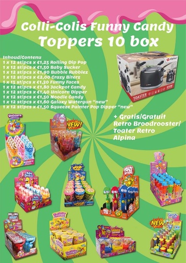 [90098561] COLLI FUNNY CANDY TOPPERS 10 BOX + GRATIS: RETRO BROODROOSTER (FOLD 3 '25)