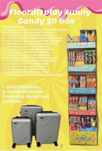 [90098562] FLOORDISPLAY FUNNY CANDY 30 BOX + GRATIS: 3-DELIGE KOFFERSET (FOLD 3 '25)